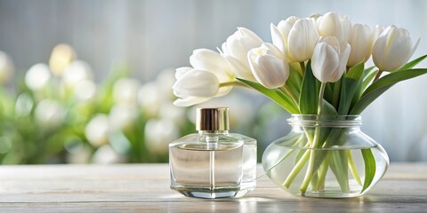 Perfume bottle with white tulips bouquet