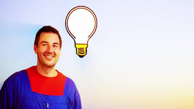 Abstract Image. Smiling Repairman in Blue Overalls with Lightbulb Idea Icon on Blue Background.