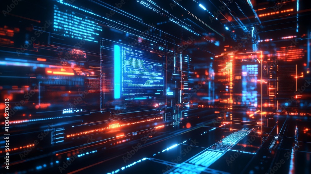Fototapete a vibrant, futuristic digital landscape showcasing glowing lines of code and data, set in a high-tec