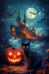 Fototapeta premium Gothic castle on Halloween night with black cat