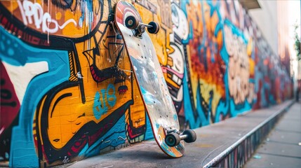 Fototapeta premium Urban skateboard against colorful graffiti wall in street art alleyway