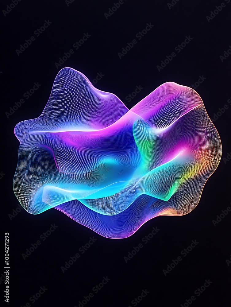 Poster abstract colorful waves with a luminous glow on a dark background. a minimalist poster in metallic a