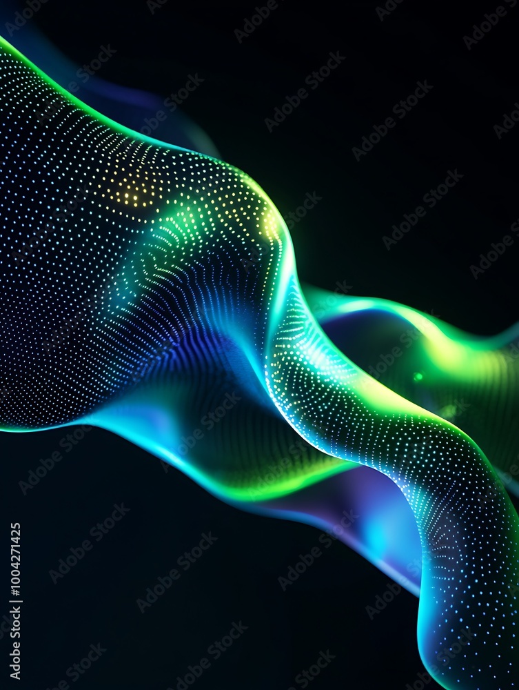 Poster abstract colorful waves with glowing dots on a dark background, creating a dynamic and modern visual