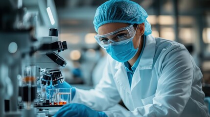 Scientist studying samples with microscope