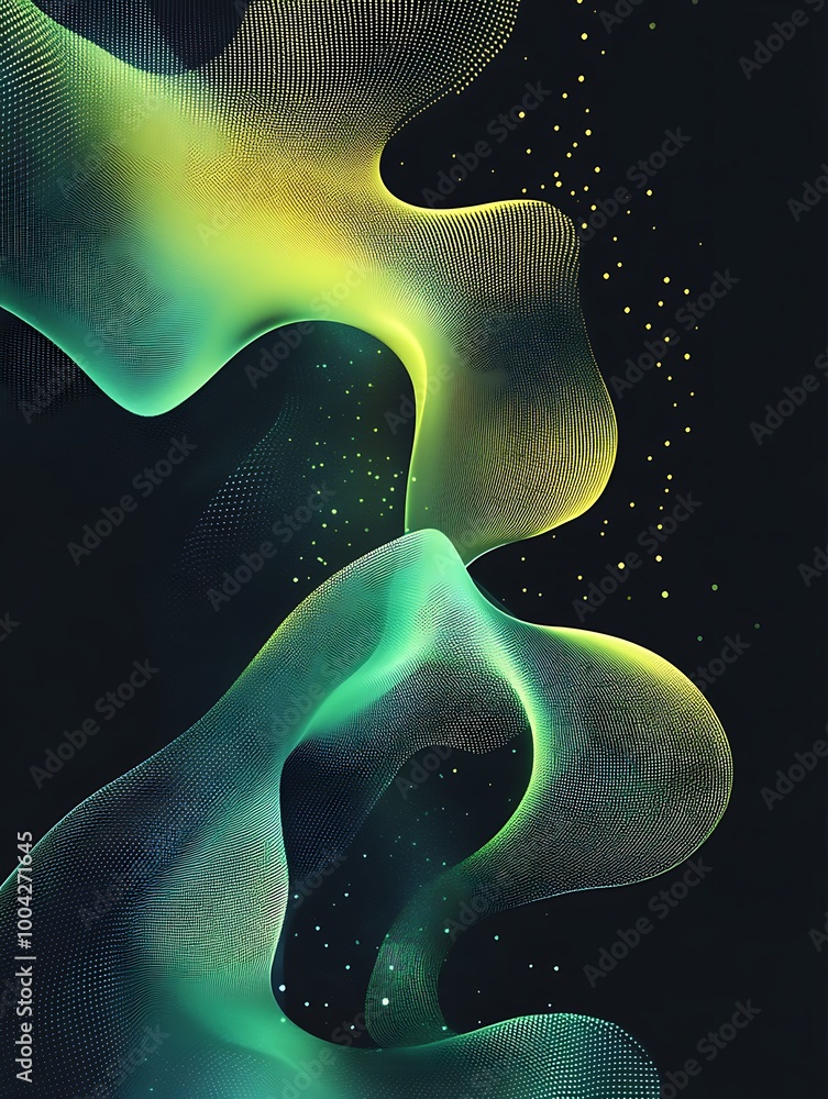 Poster Abstract colorful waves with luminous particles on a dark background.