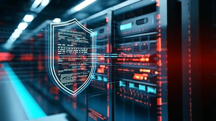 A high-tech data center within an industrial facility, overlaid with a digital shield, representing the safeguarding of critical systems from cyber threats