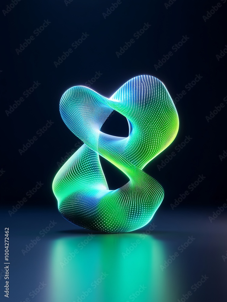 Poster abstract digital art featuring a glowing twisted shape in vibrant colors against a dark background. 