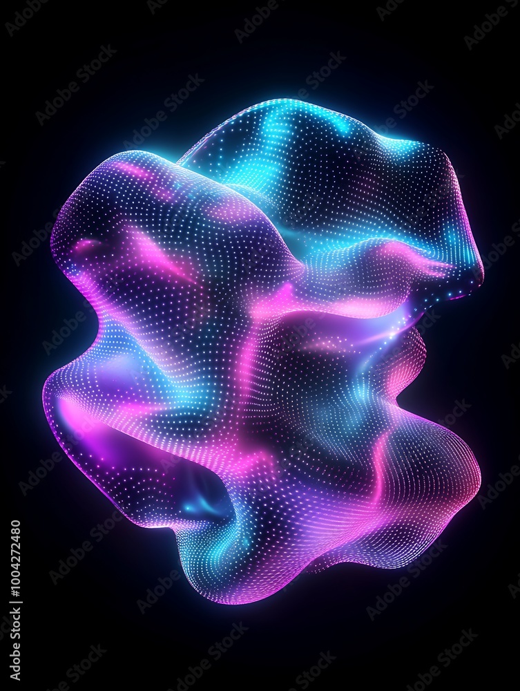 Poster abstract digital art featuring a vibrant and dynamic mesh of colors in a wave-like form on a dark ba