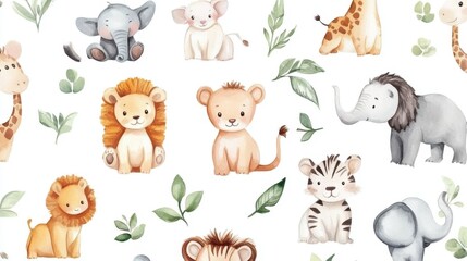 Adorable watercolor baby jungle animals on a white background, perfect for nursery or children's design.