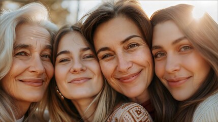 Fototapeta premium Multigenerational family portrait of four women smiling outdoors during sunset