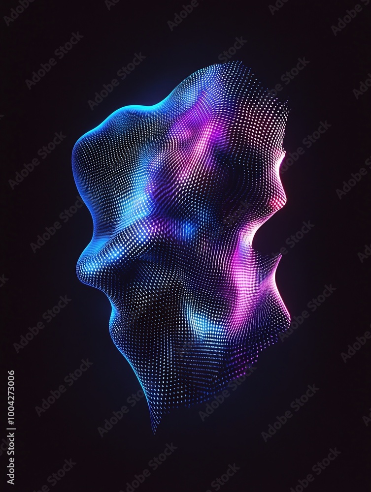 Poster abstract digital art of a colorful, fluid shape with glowing lights on a dark background. a minimali