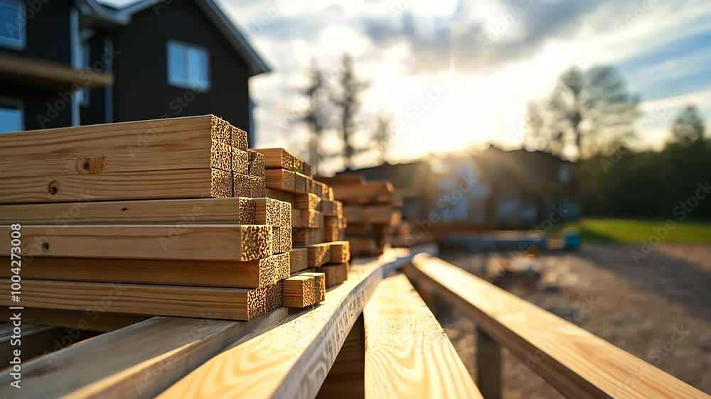 Poster stacks of lumber and a measuring tape on a workbench outside, with the faint image of a house being 