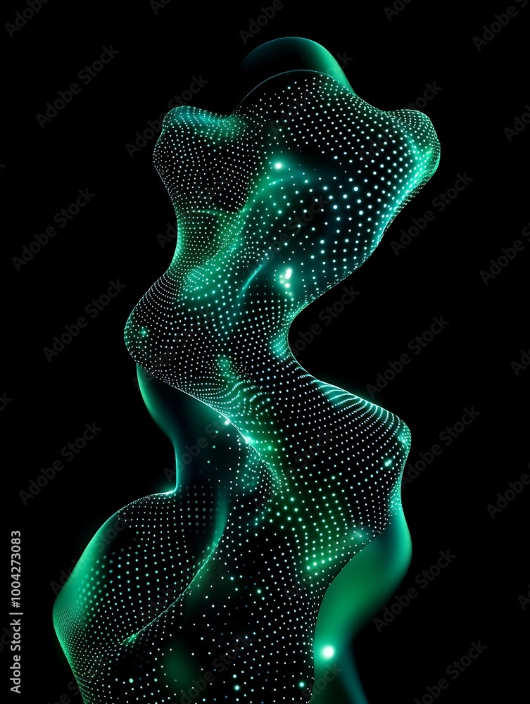 Poster abstract digital art of a fluid form illuminated in green and black, showcasing vibrant patterns and