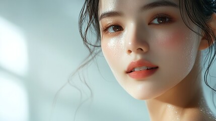 Close-up of a beautiful Asian woman with glowing skin, posing in a studio setting. Ideal for beauty, skincare, and cosmetics advertisements. High quality image for conceptual and promotional use. gene