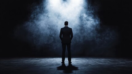 Fototapeta premium Silhouette of a man in a suit against a smoky backdrop