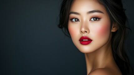 Fototapeta premium Close-up of a beautiful Asian woman with glowing skin, posing in a studio setting. Ideal for beauty, skincare, and cosmetics advertisements. High quality image for conceptual and promotional use. gene