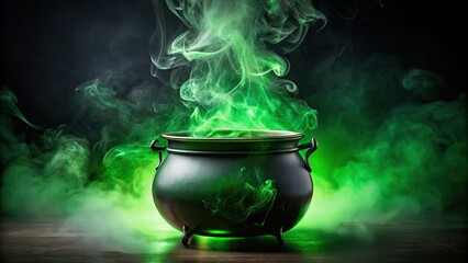 Photo of witches cauldron with green potion and steam reflection