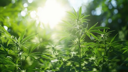 Obraz premium A cannabis plant growing in sunlit forest underbrush.