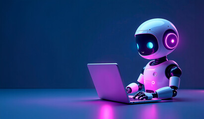 Cute friendly artificial intelligence robot using laptop computer with purple neon glow light, chatbot and AI assistant concept futuristic technology 3d illustration, banner