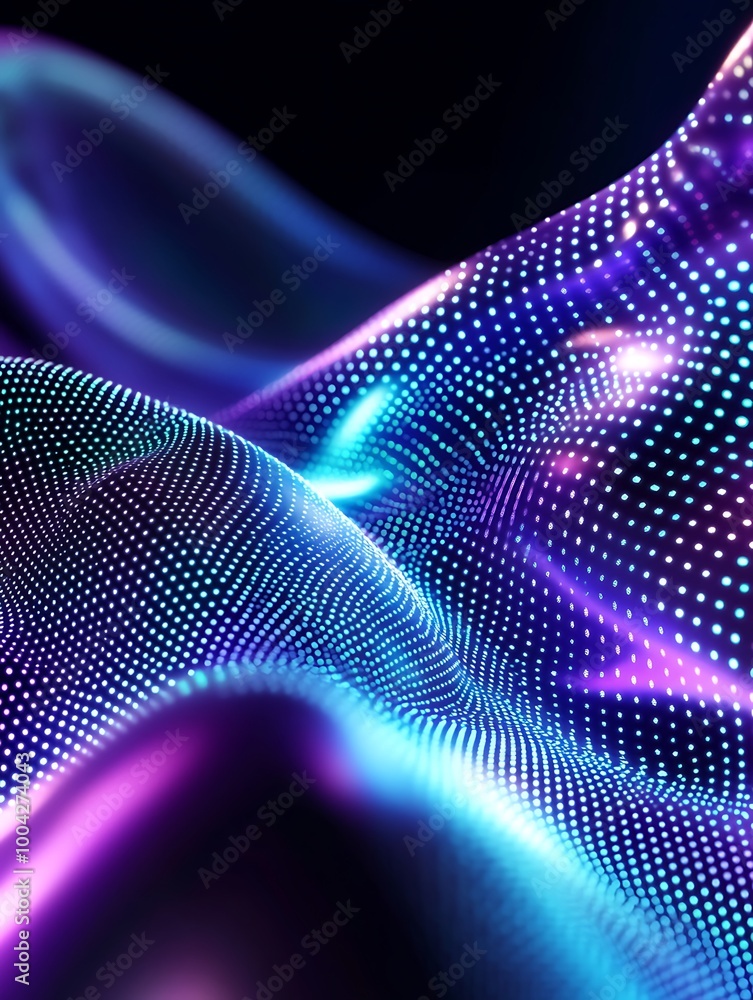 Poster abstract digital background with vibrant colors and luminous dots creating fluid wave patterns. a mi