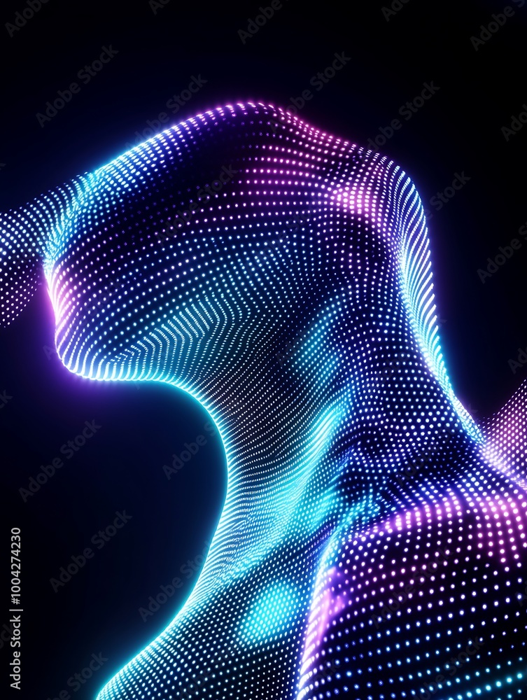 Poster abstract digital figure made of colorful glowing dots, showcasing a fluid and dynamic motion against