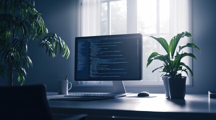 Fototapeta premium Modern workspace with coding on computer screen and plants