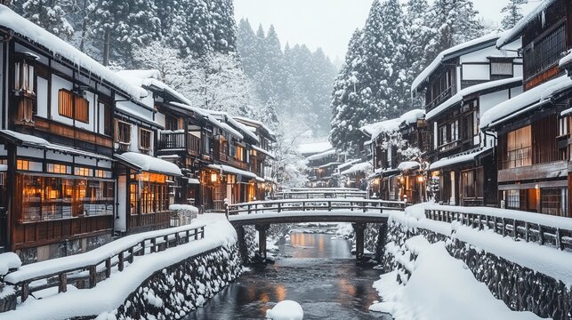 Winter scenery of the antique wooden buildings and historic Ryokan along the riverbanks and bridges over the stream in Ginzan Onsen, which is a famous hot spring town in Obanazawa, Yamagata, Japan
