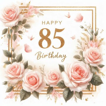 Elegant pink floral birthday card celebrating an 85th birthday with gold accents.