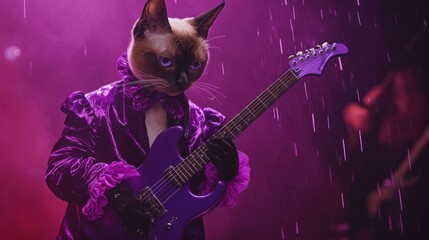 A Siamese cat wearing a purple velvet jacket with ruffled sleeves and a bow tie plays a purple electric guitar on stage. The cat has piercing blue eyes and a focused expression