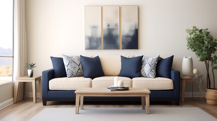 Modern living room with a beige sofa, blue throw pillows, and a wooden coffee table.