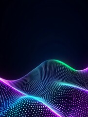 Abstract digital landscape with colorful wave patterns glowing against a dark background. A minimalist poster in metallic and chrome gradient style.