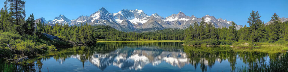 Fototapeta premium Snowcapped mountains lake reflection clear sky green trees