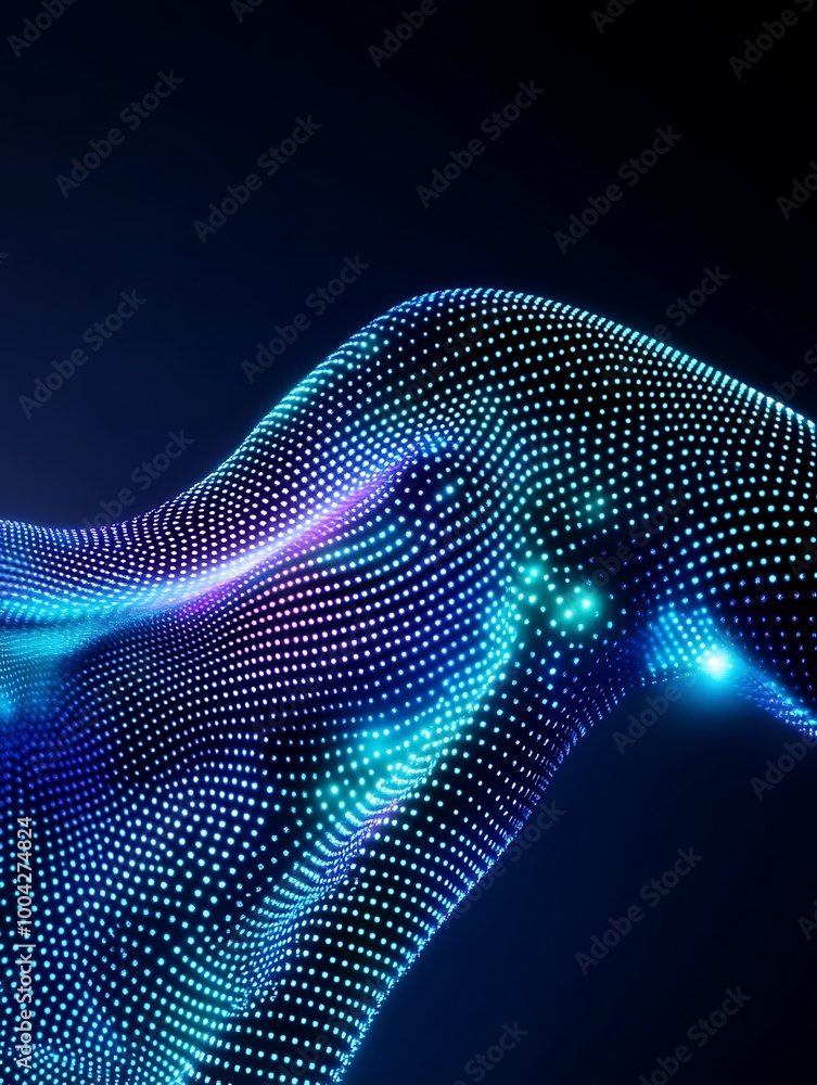 Poster abstract digital representation of a flowing form with glowing dots in vibrant colors. a minimalist 