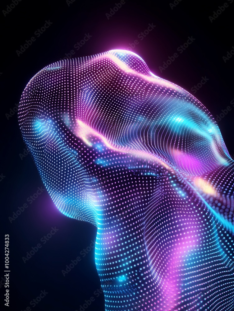 Poster abstract digital representation of a colorful, glowing human figure with a mesh-like texture on a da