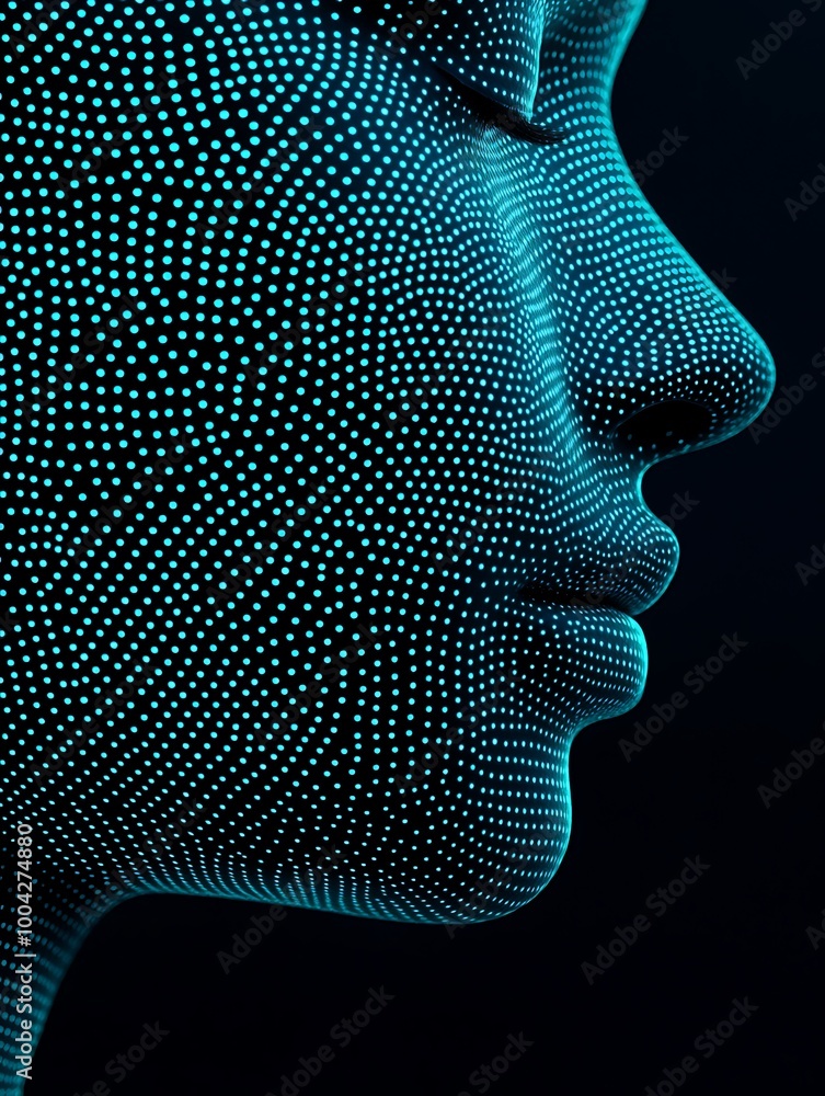 Poster abstract digital representation of a human face created with dots on a dark background. a minimalist