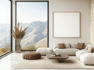 A living room with a white wall and a large window
