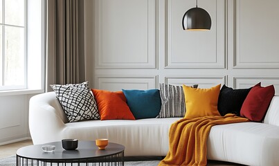  Contemporary interior design featuring a curved sofa, vibrant throw blankets, and geometric pillows, accented by a minimalist hanging lamp. 