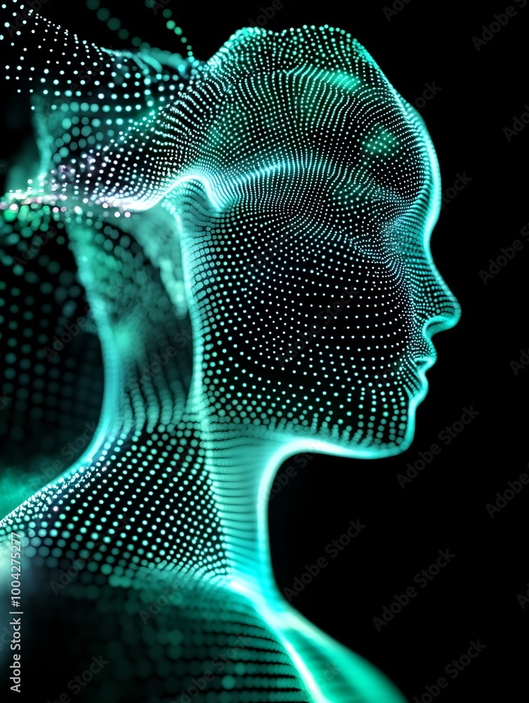 Poster abstract digital silhouette of a woman created with glowing dots, symbolizing artificial intelligenc