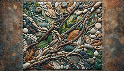 Obraz premium tapestry artwork featuring various natural elements such as leaves, rocks, and branches intertwined with each other. Abstract mosaic