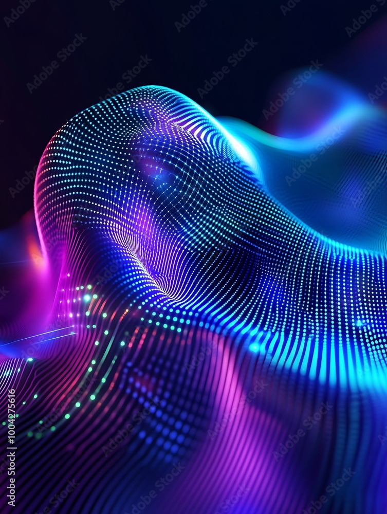 Poster abstract digital wave form in vibrant colors, showcasing fluid motion and intricate patterns on a da