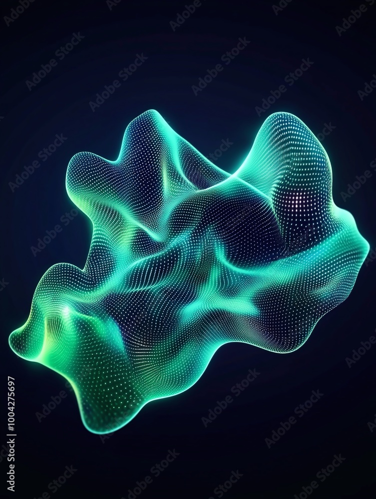 Poster abstract digital wave form with glowing green and blue particles on a dark background. a minimalist 