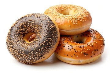 Photorealistic selection of bagels isolated on white background