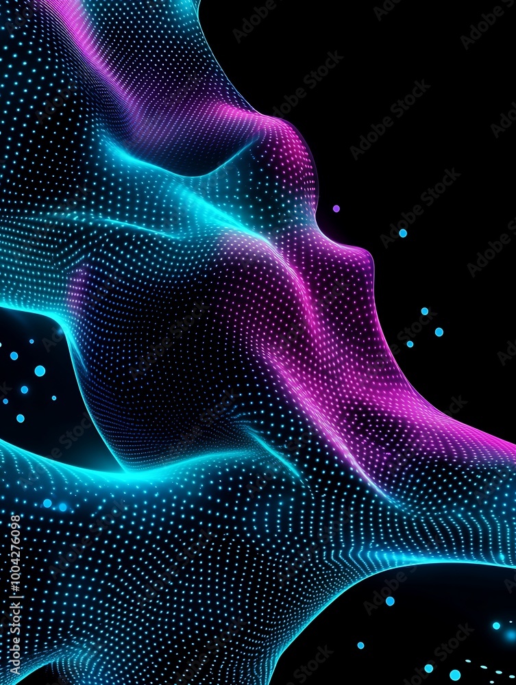 Poster abstract digital wave in neon colors with dots and gradients on a dark background. a minimalist post