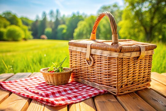 Picnic basket on grass with wooden table, prepared for sunny holiday picnic