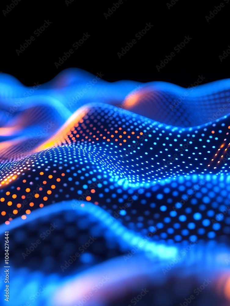 Poster abstract digital wave pattern with glowing dots in blue and orange tones on a dark background. a min