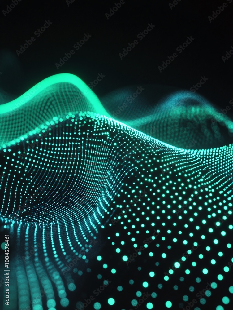 Poster abstract digital wave pattern with glowing dots, creating a mesmerizing visual effect on a dark back