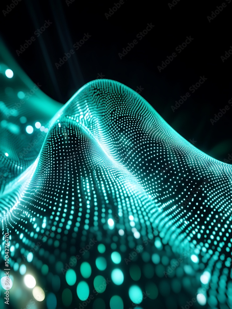 Poster abstract digital wave pattern with glowing dots on a dark background creating a futuristic look. a m