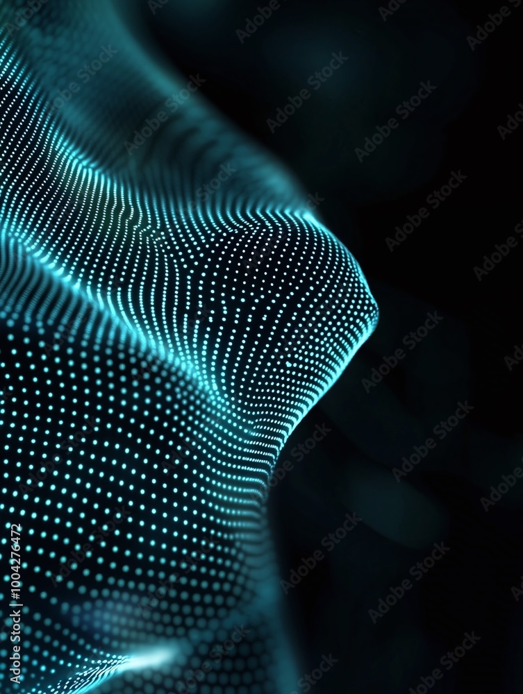 Poster abstract digital wave pattern with glowing dots on a dark background, representing technology and da