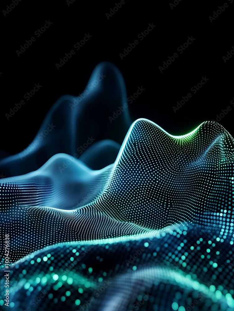 Aufkleber abstract digital wave representation with blue and green dots on a dark background. a minimalist pos