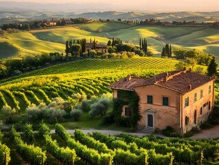 Naklejka premium Quintessential Tuscan Landscape With Undulating Hills Blanketed in Vibrant Green Fields Rows of Grapevines and Olive Orchards
